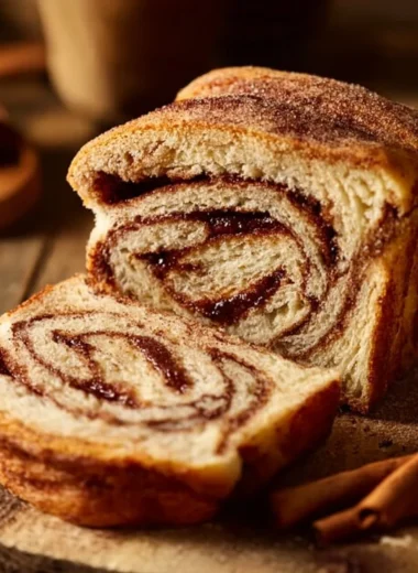 Freshly baked homemade cinnamon bread with a golden crust and swirls of cinnamon
