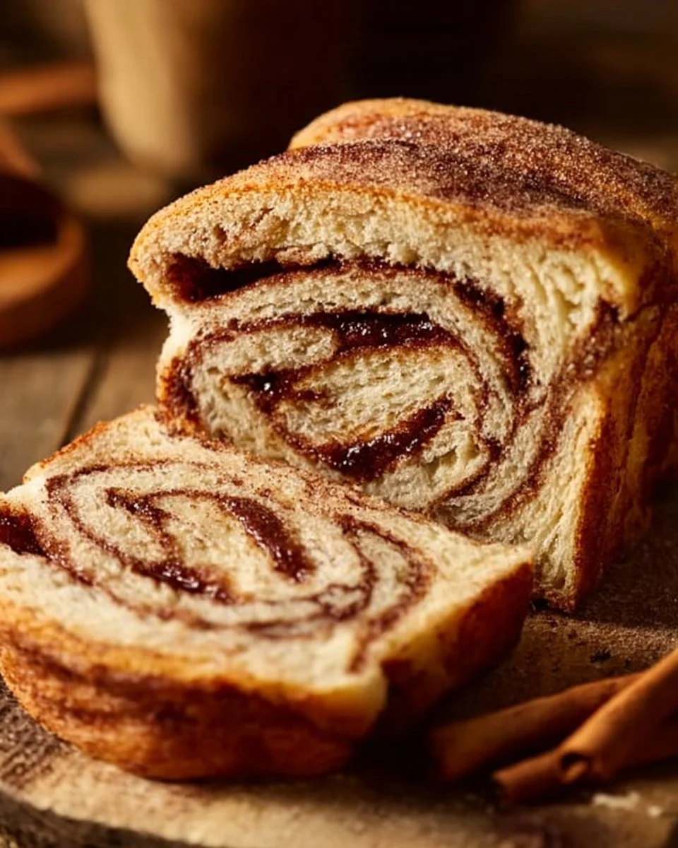 Freshly baked homemade cinnamon bread with a golden crust and swirls of cinnamon