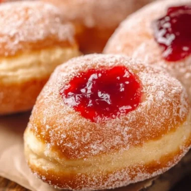 Freshly made homemade jelly donuts with powdered sugar on a plate