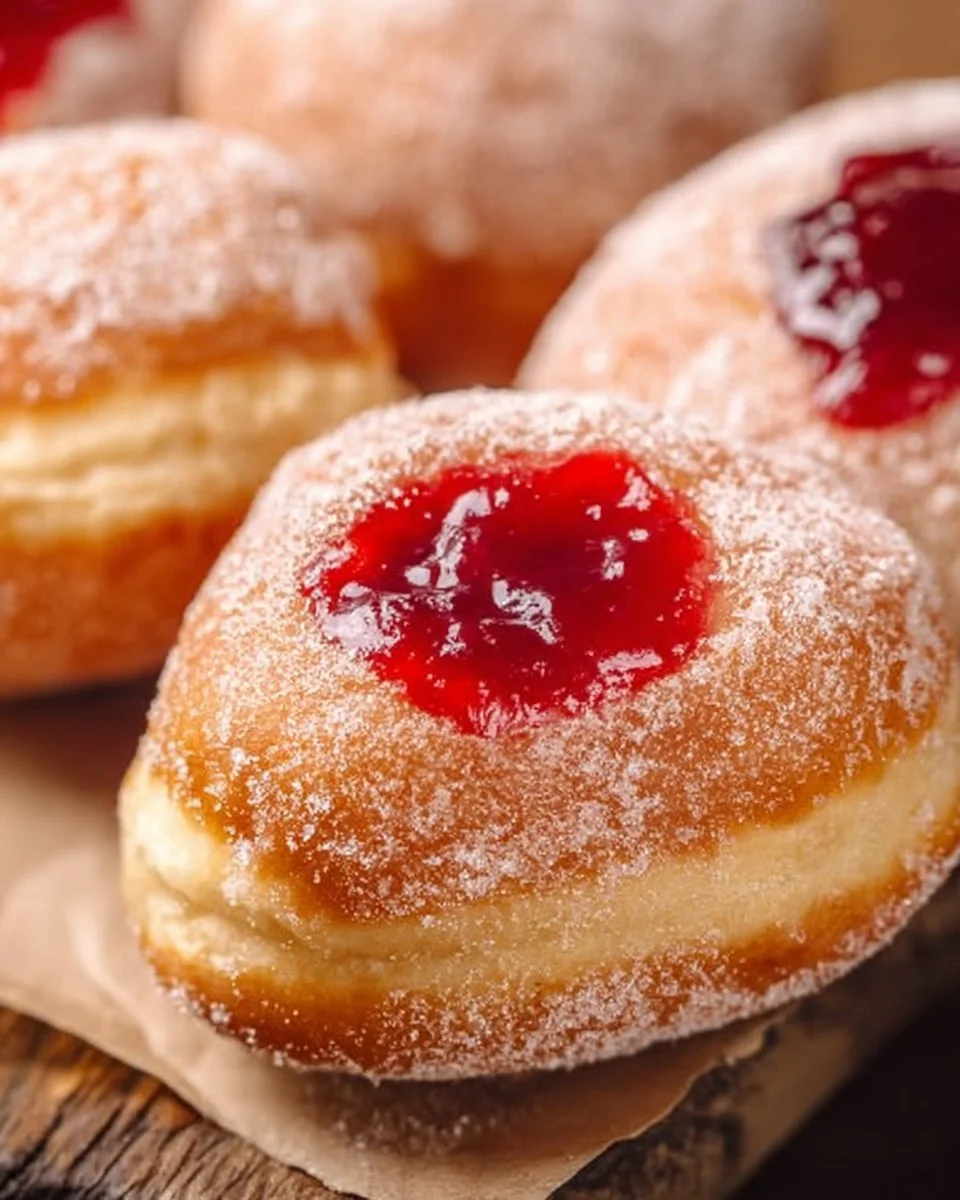 Freshly made homemade jelly donuts with powdered sugar on a plate