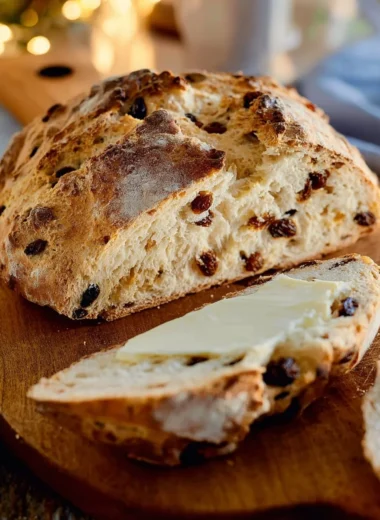 Freshly baked Irish Soda Bread on a wooden cutting board.