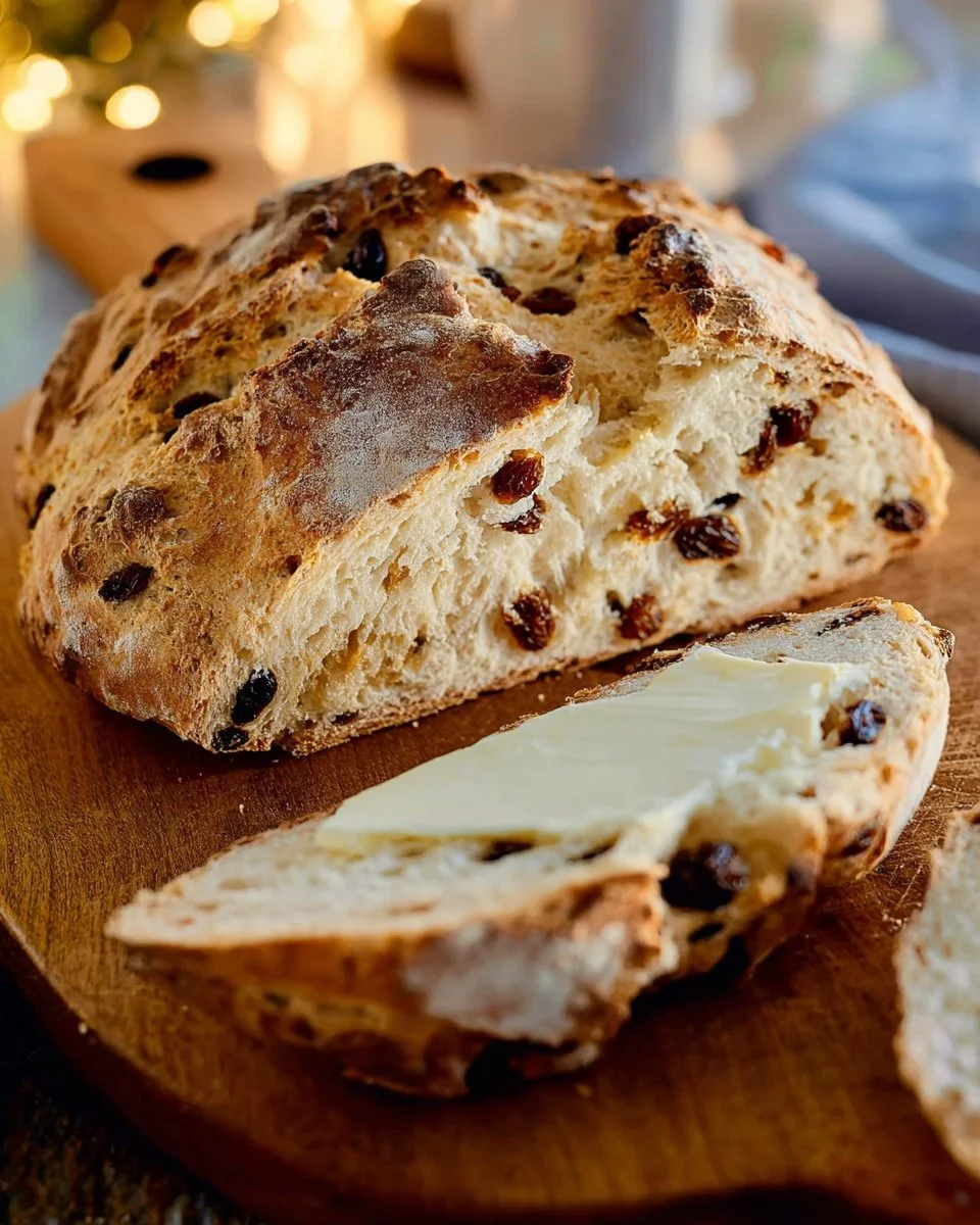 Freshly baked Irish Soda Bread on a wooden cutting board.