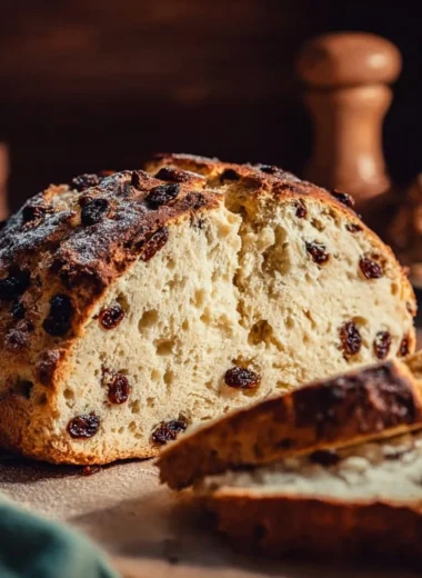 Freshly baked Irish Soda Bread on a rustic wooden table