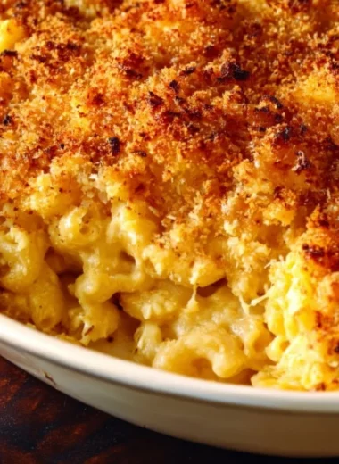 Homemade baked mac and cheese with golden crust and creamy cheese sauce