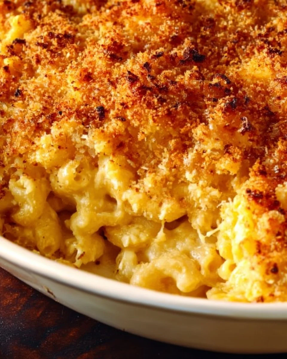 Homemade baked mac and cheese with golden crust and creamy cheese sauce