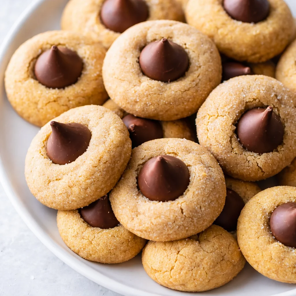 Delicious peanut butter blossoms cookies topped with Hershey's kisses.