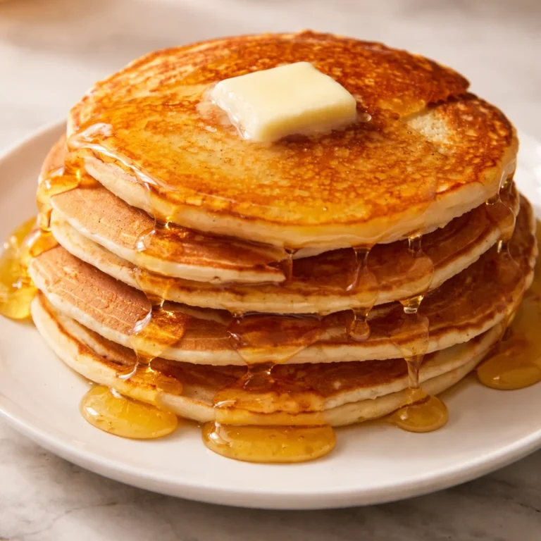 Stack of fluffy homemade pancakes with syrup and fresh fruits on a plate.
