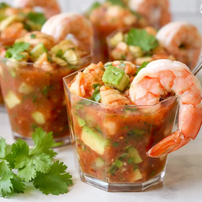 Chilled shrimp cocktail with horseradish sauce garnished with lemon and herbs.