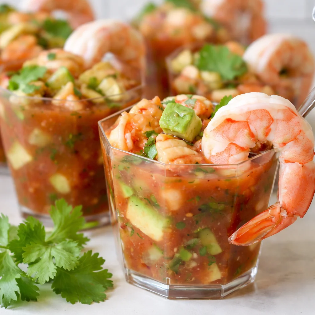 Chilled shrimp cocktail with horseradish sauce garnished with lemon and herbs.