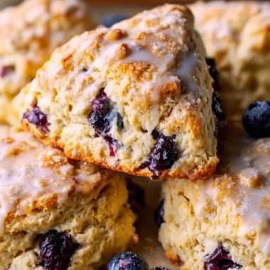 Freshly baked lemon blueberry scones with a golden crust and juicy blueberries