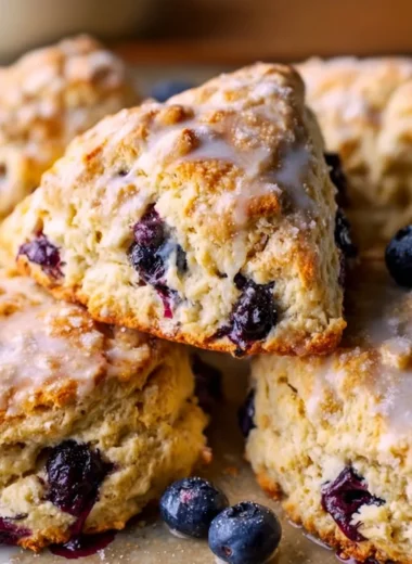 Freshly baked lemon blueberry scones with a golden crust and juicy blueberries