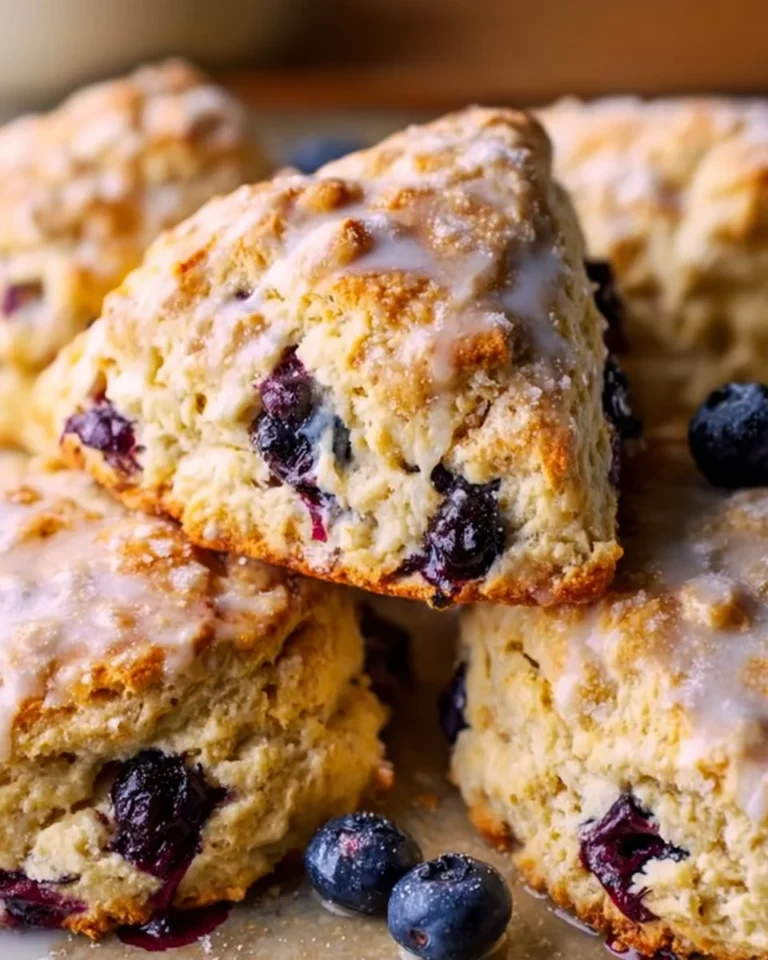 Freshly baked lemon blueberry scones with a golden crust and juicy blueberries
