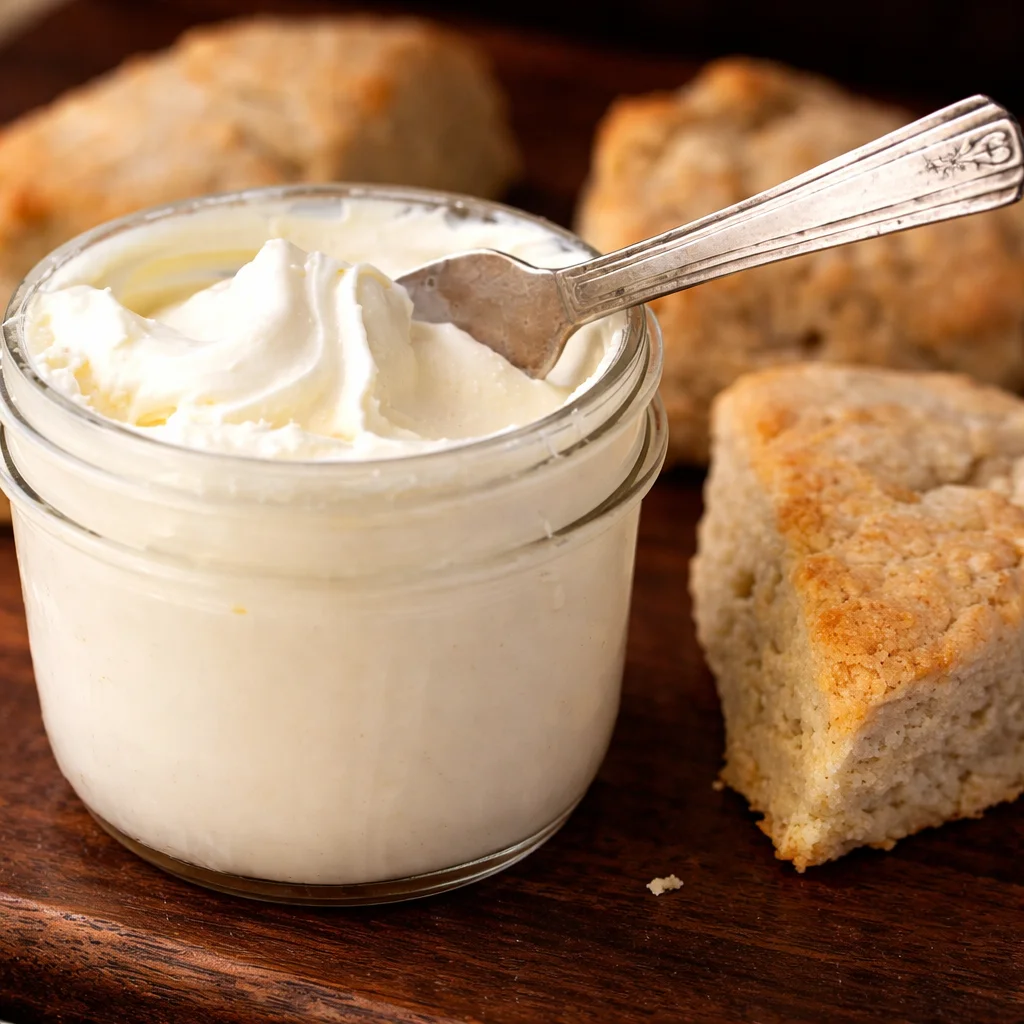 Thick and creamy clotted cream spread on scones with a rich texture.