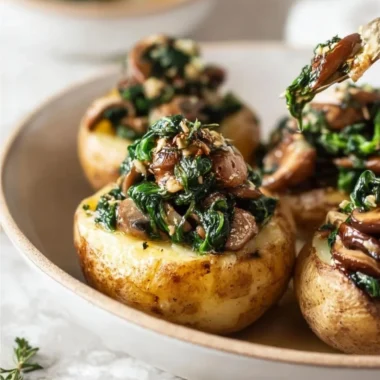 Oven-roasted potatoes with spinach and mushrooms, a flavorful side dish.
