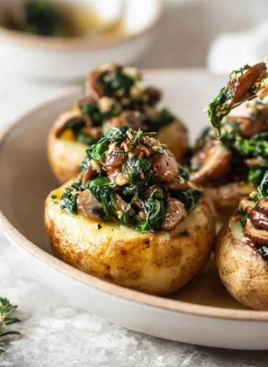 Oven-roasted potatoes with spinach and mushrooms, a flavorful side dish.