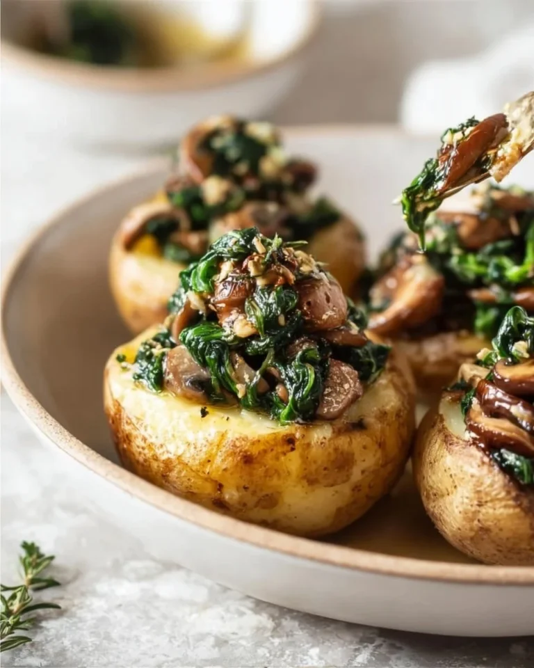 Oven-roasted potatoes with spinach and mushrooms, a flavorful side dish.