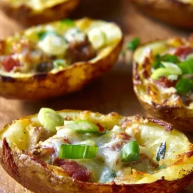 Delicious Philly cheese steak potato skins topped with melted cheese and herbs