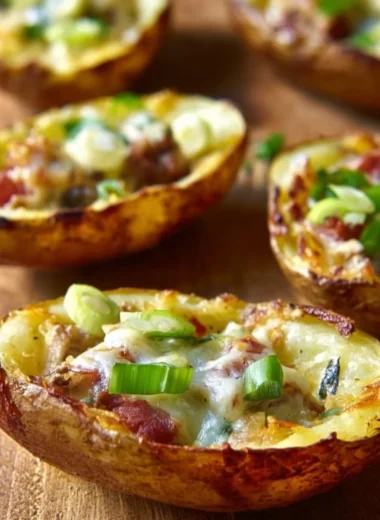 Delicious Philly cheese steak potato skins topped with melted cheese and herbs