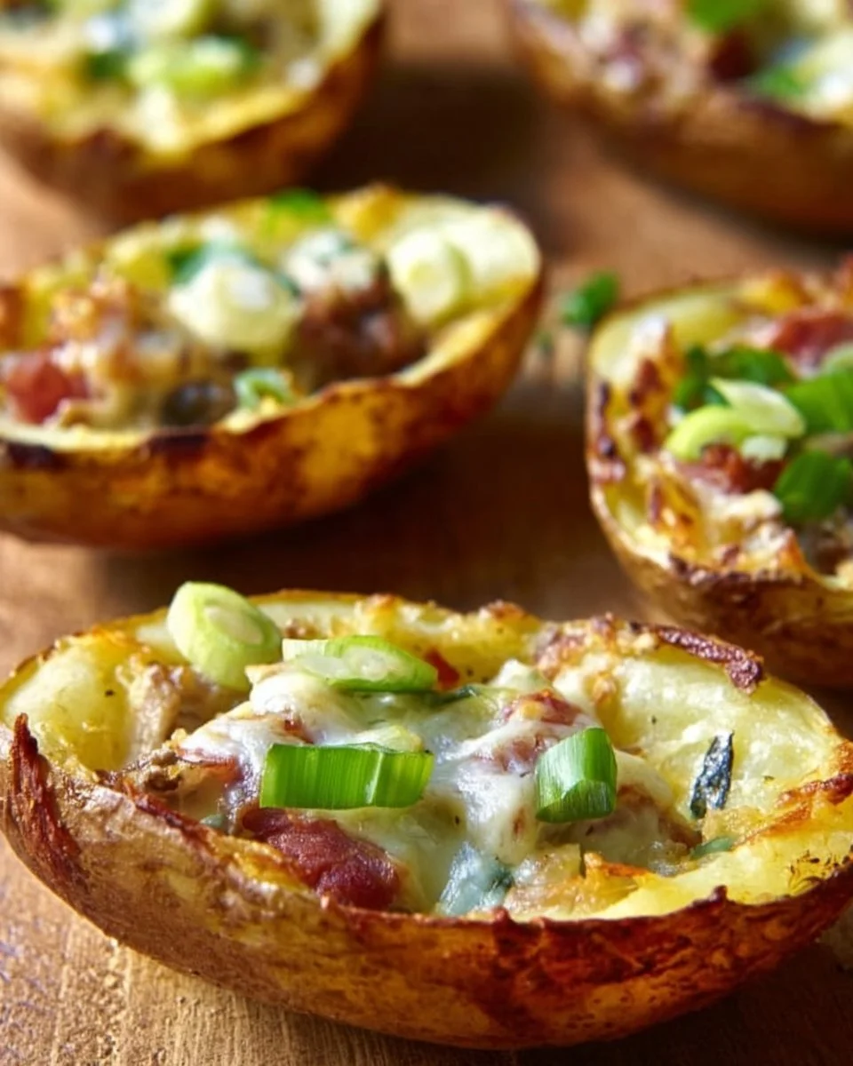 Delicious Philly cheese steak potato skins topped with melted cheese and herbs