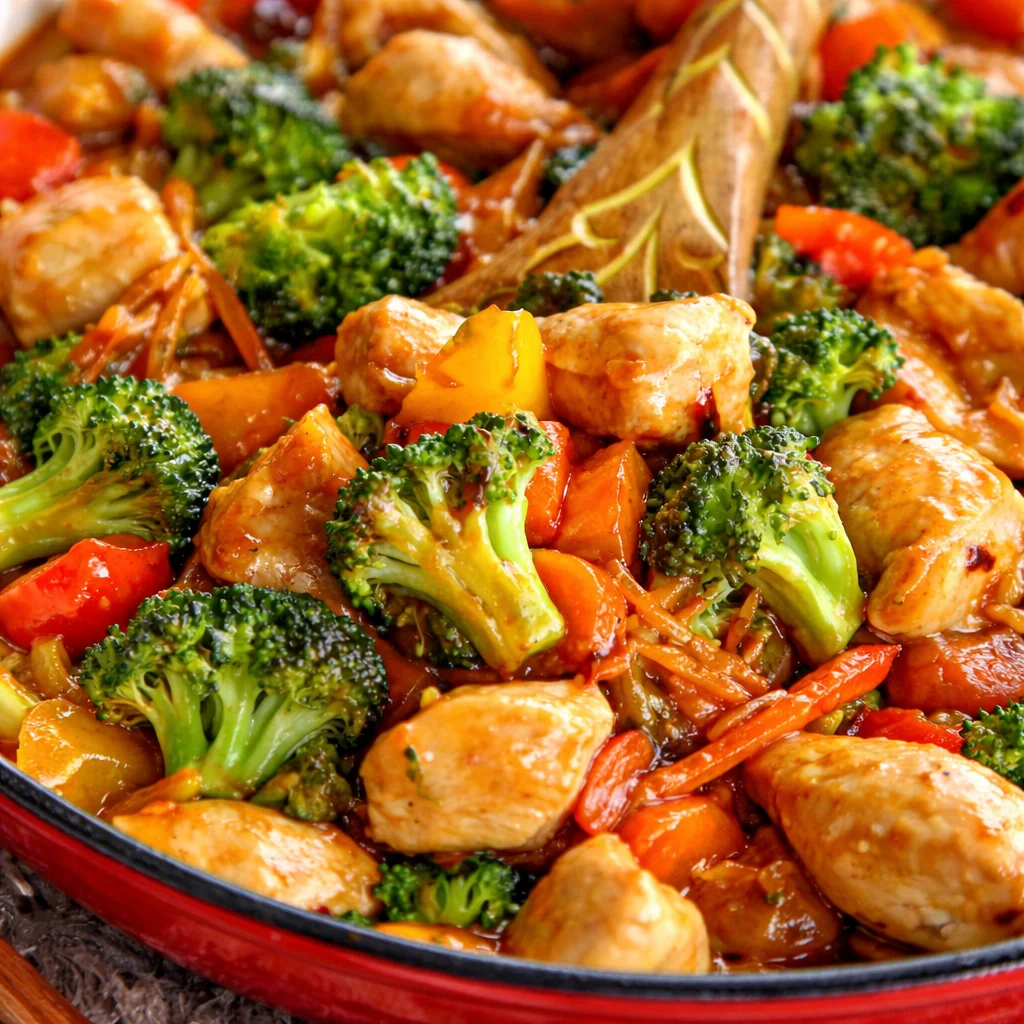 Delicious easy chicken stir fry with fresh vegetables and savory sauce