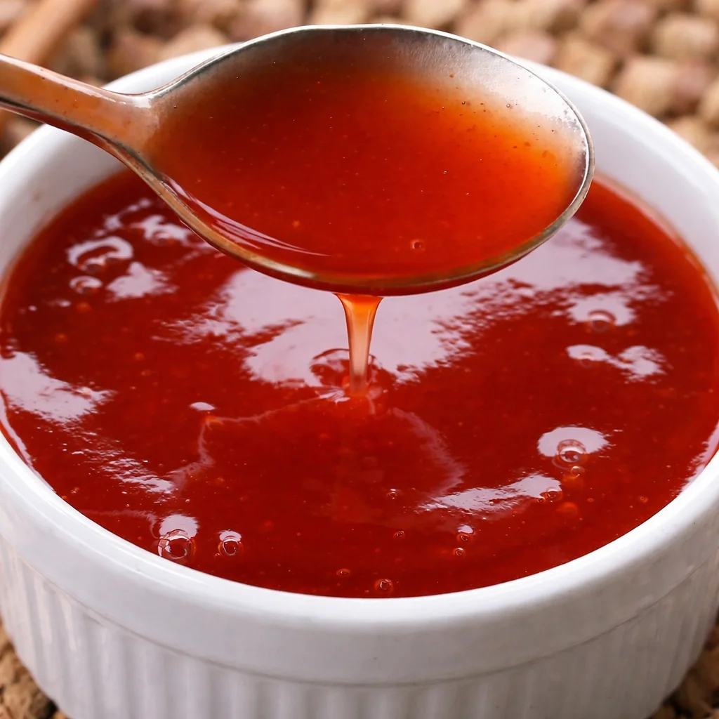 Homemade sweet and sour sauce in a bowl with ingredients like sugar and vinegar.