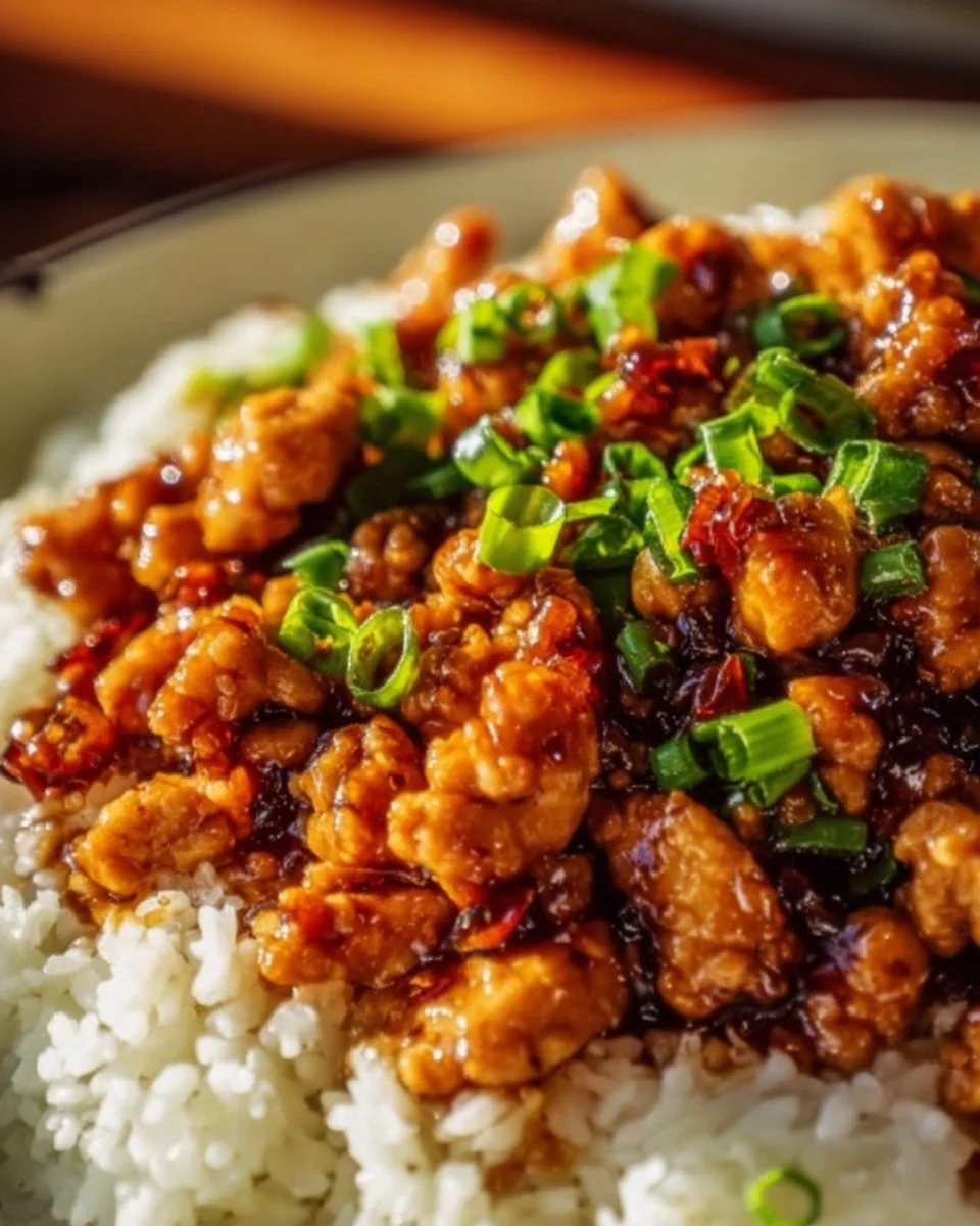 Healthy ground orange chicken dish served with vegetables