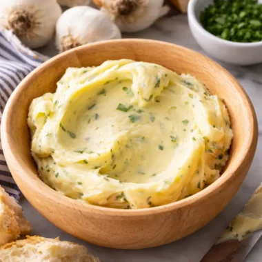 Delicious garlic butter ready to enhance steak and fresh bread.