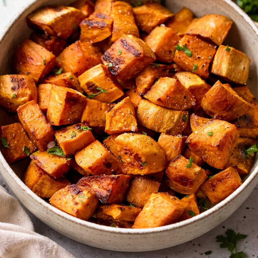 Crispy and tender roasted sweet potatoes served as a delicious side dish.