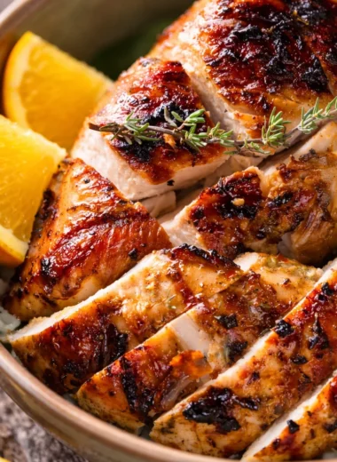 Juicy grilled thin chicken breast cutlets sizzling on the barbecue grill.