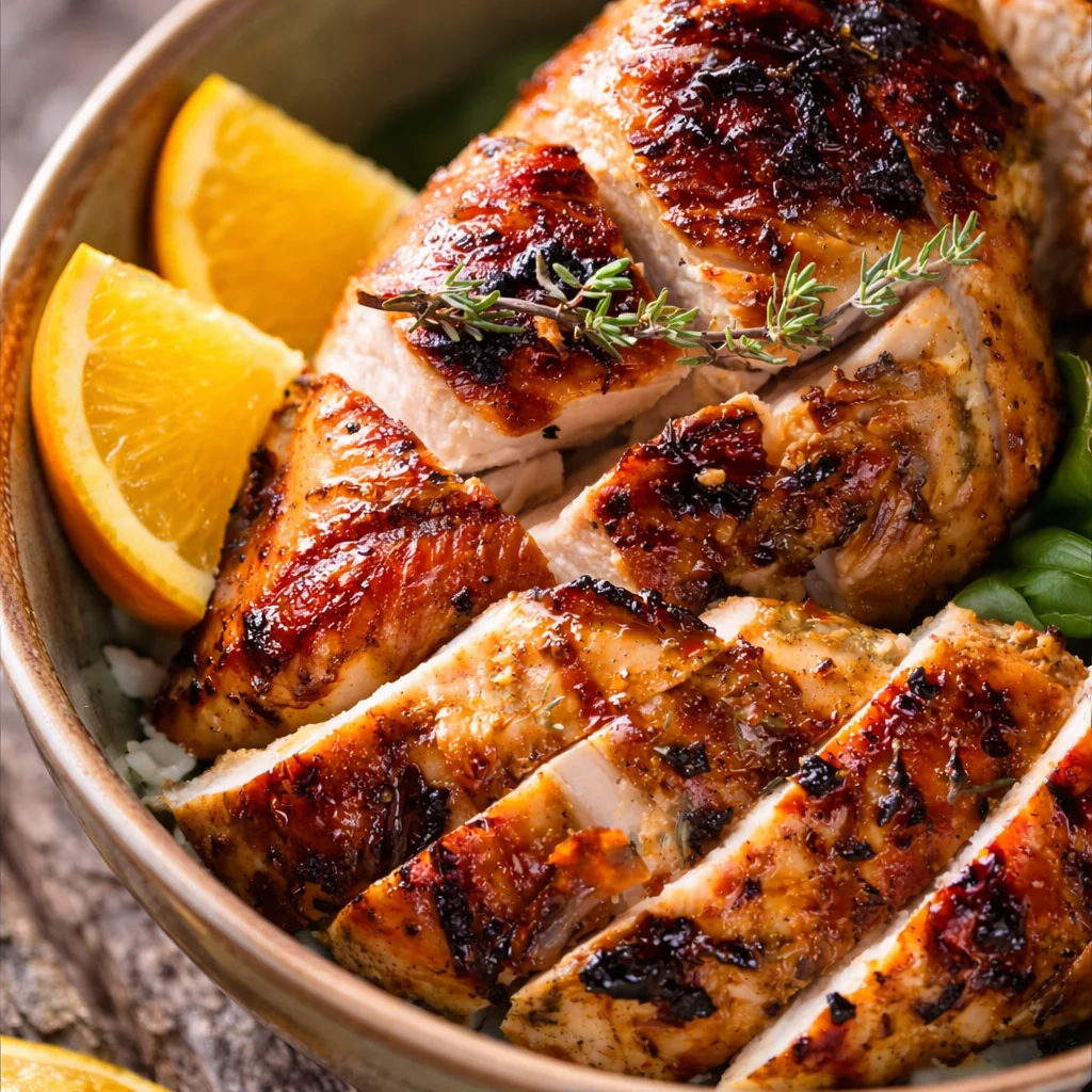 Juicy grilled thin chicken breast cutlets sizzling on the barbecue grill.