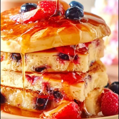 Delicious sheet pan pancakes topped with fresh fruits on a baking sheet.