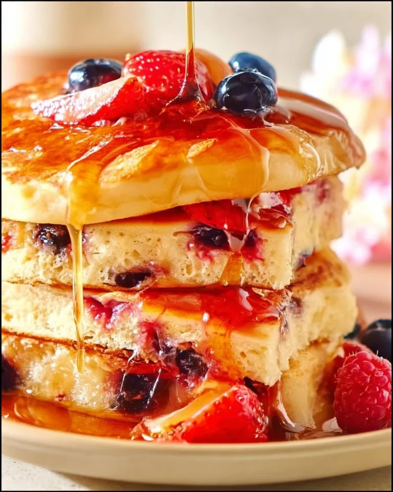 Delicious sheet pan pancakes topped with fresh fruits on a baking sheet.