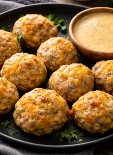 Delicious sausage balls made with ground pork sausage, cheese, and baking mix.
