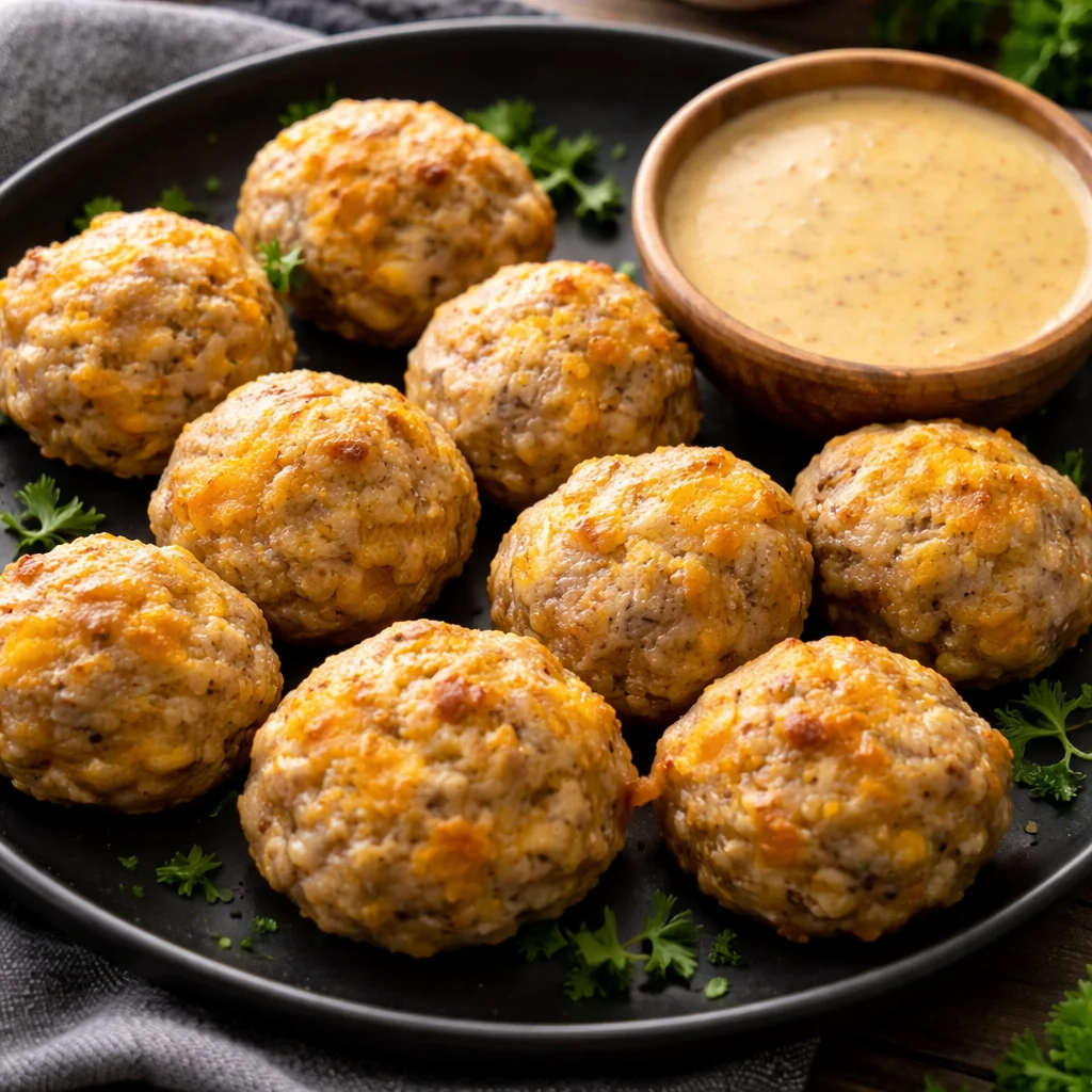 Delicious sausage balls made with ground pork sausage, cheese, and baking mix.
