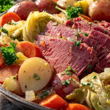 Plate of slow cooker corned beef and cabbage served with vegetables