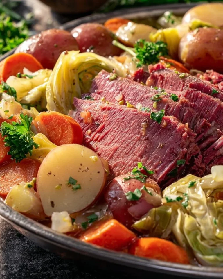 Plate of slow cooker corned beef and cabbage served with vegetables