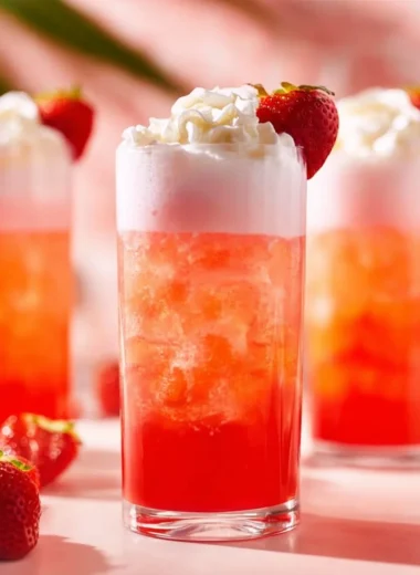Homemade Strawberry Italian Soda served in a frosty glass with fresh strawberries