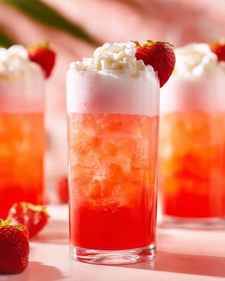 Homemade Strawberry Italian Soda served in a frosty glass with fresh strawberries