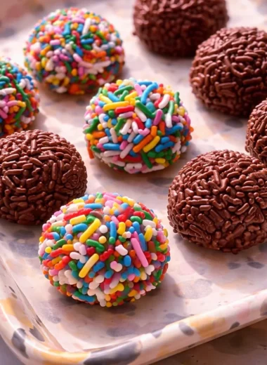 Delicious homemade brigadeiro chocolate truffles topped with colorful sprinkles.
