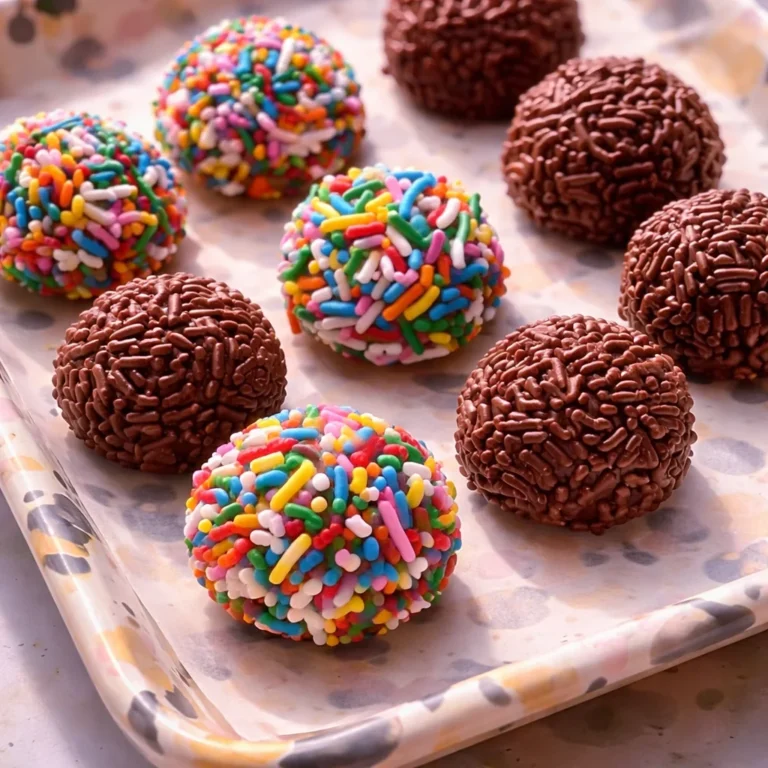 Delicious homemade brigadeiro chocolate truffles topped with colorful sprinkles.