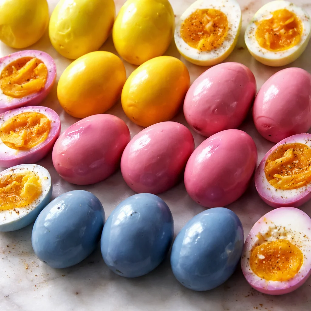 Colorful pickled eggs in a jar with vibrant brine made from beets and spices.