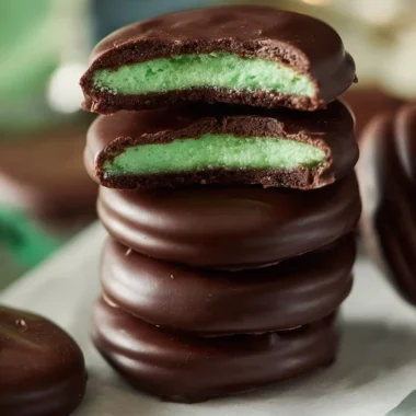 Delicious chocolate mint patties on a white plate with fresh mint leaves.