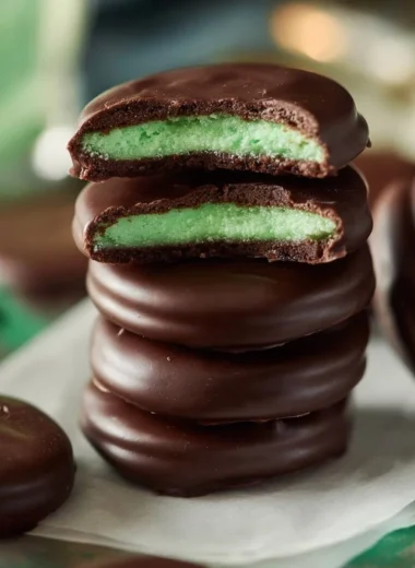 Delicious chocolate mint patties on a white plate with fresh mint leaves.
