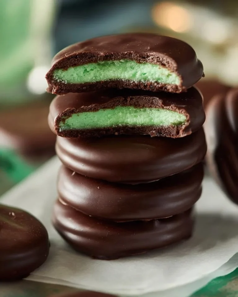Delicious chocolate mint patties on a white plate with fresh mint leaves.