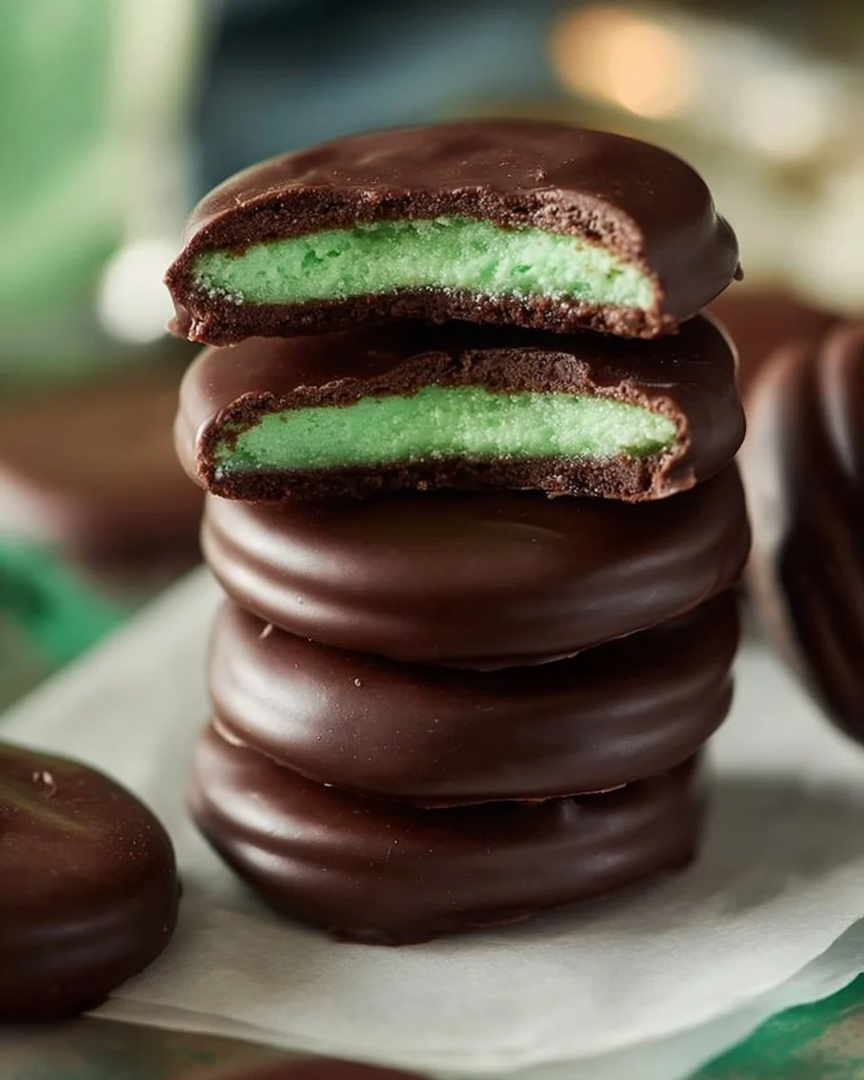 Delicious chocolate mint patties on a white plate with fresh mint leaves.