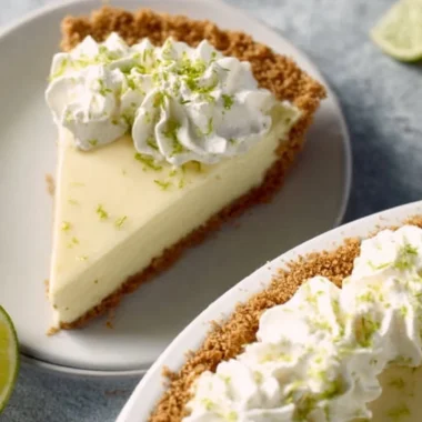 Slice of ultimate key lime pie with vibrant lime topping on a plate