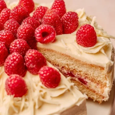 Delicious white chocolate raspberry cake with fresh raspberries and chocolate drizzle