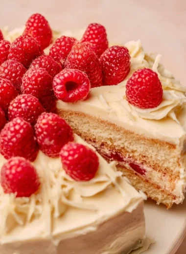 Delicious white chocolate raspberry cake with fresh raspberries and chocolate drizzle