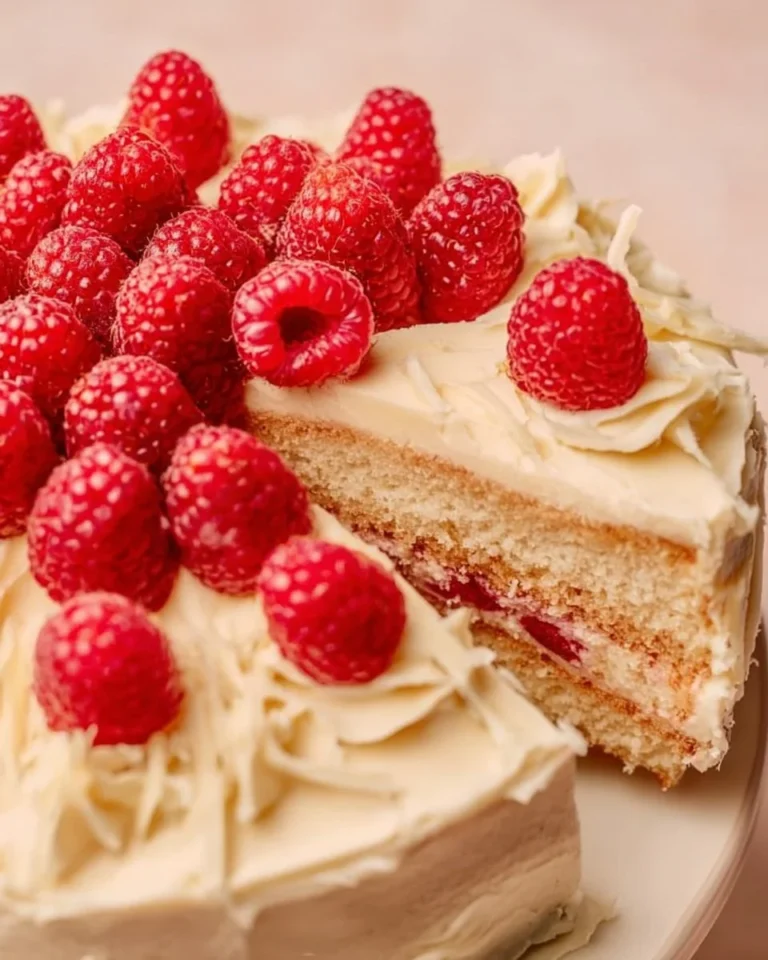 Delicious white chocolate raspberry cake with fresh raspberries and chocolate drizzle