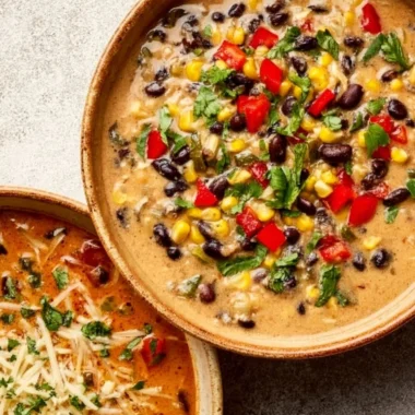 A variety of winter soup recipes served in bowls, topped with fresh herbs.